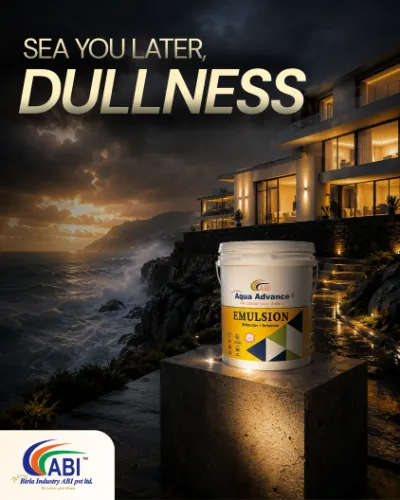 ABI post: “Sea you later, dullness.” An Aqua Advance Emulsion pack on a stone plinth beside a lit villa on a sea cliff at dusk.
