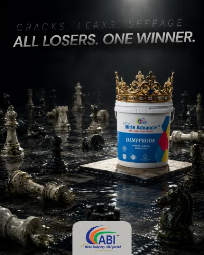 ABI post: “Cracks. Leaks. Seepage. All losers. One winner.” A Birla Advance Dampproof pack wearing a gold crown among fallen chess pieces.