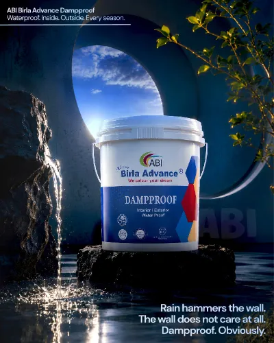 ABI post: “Rain hammers the wall. The wall does not care at all. Dampproof. Obviously.” A Birla Advance Dampproof pack on a wet rock under falling water.