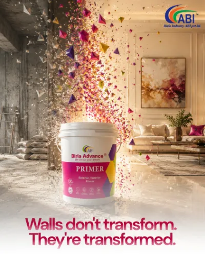 ABI post: “Walls don't transform. They're transformed.” A Birla Advance Primer pack, with colour bursting from a bare wall into a finished room.