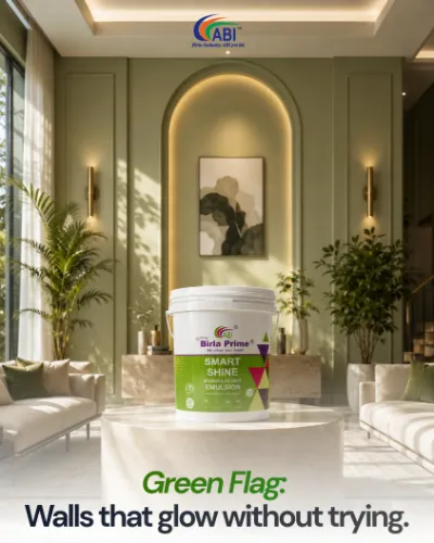 ABI post: “Green flag: walls that glow without trying.” A Birla Prime Smart Shine pack in a sunlit sage-green living room.